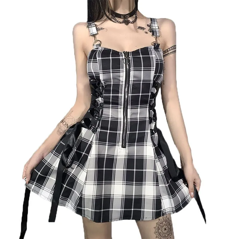 Kawaii Plaid Bandage Gothic Women A-line Dresses Grunge Aesthetic Lace Trim Patchwork Mini Dress Punk Bodycon Sexy Partywear