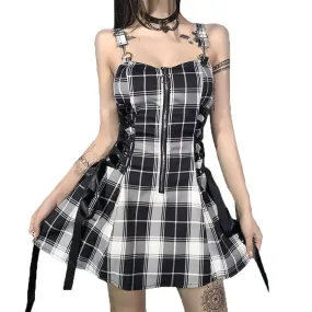 Kawaii Plaid Bandage Gothic Women A-line Dresses Grunge Aesthetic Lace Trim Patchwork Mini Dress Punk Bodycon Sexy Partywear