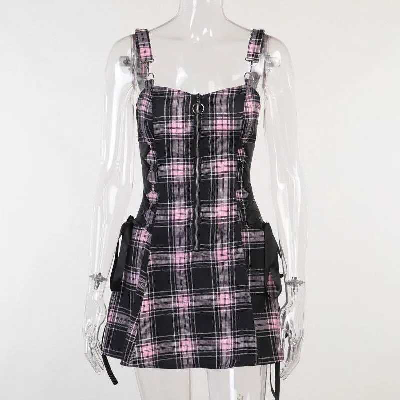 Kawaii Plaid Bandage Gothic Women A-line Dresses Grunge Aesthetic Lace Trim Patchwork Mini Dress Punk Bodycon Sexy Partywear