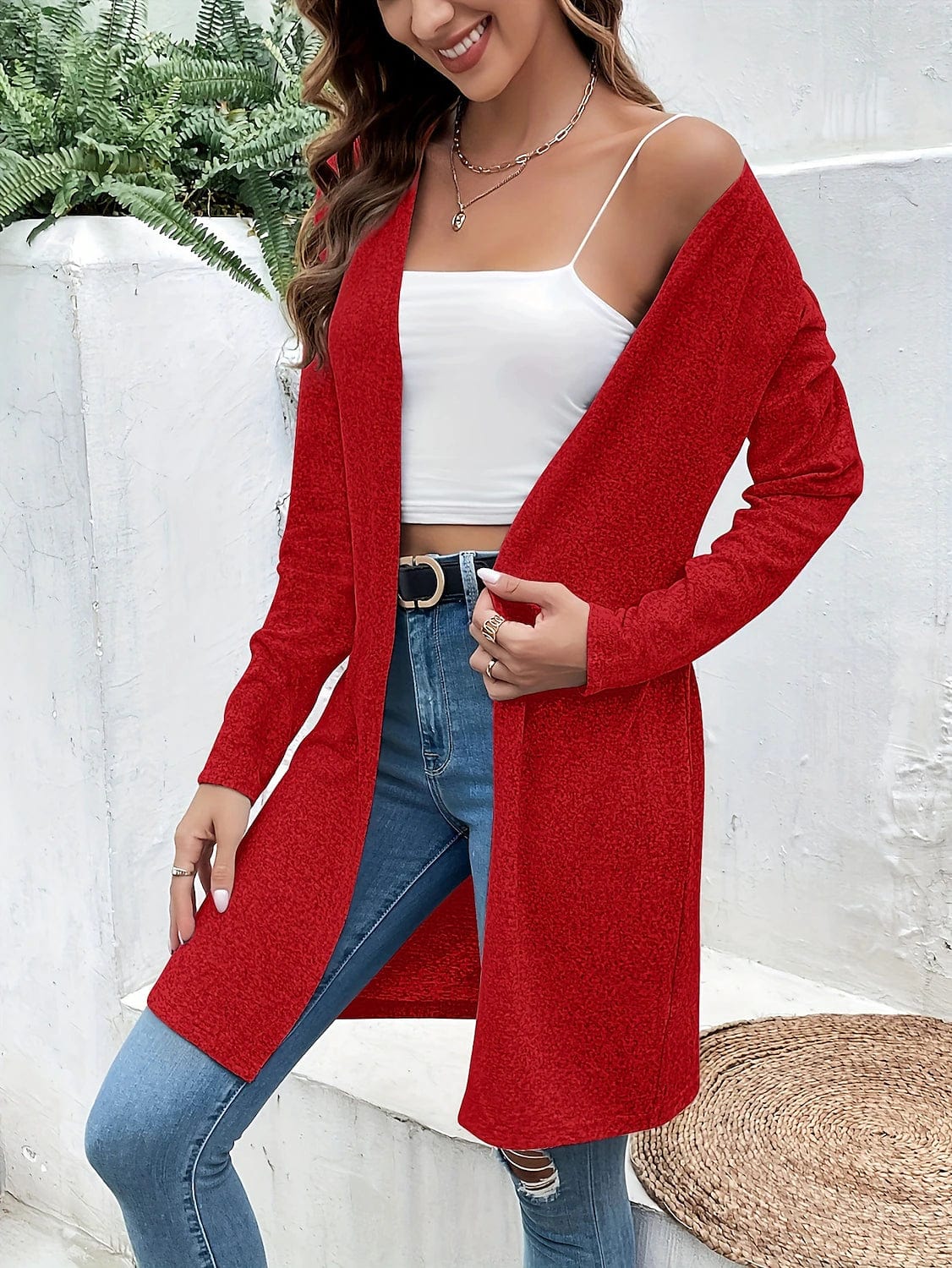 Ladies' Red Windproof Coat with Oversized Cardigan Style