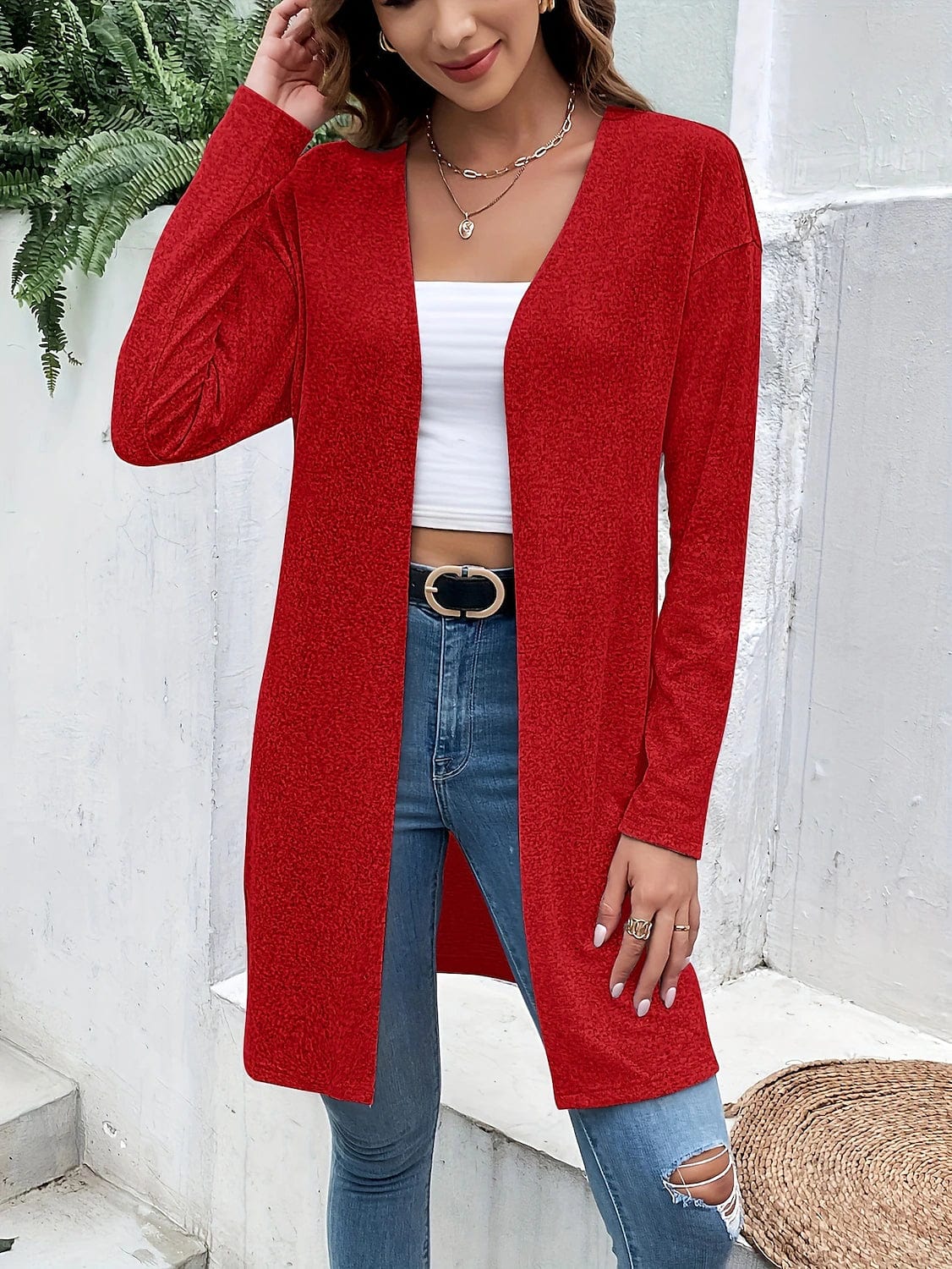 Ladies' Red Windproof Coat with Oversized Cardigan Style