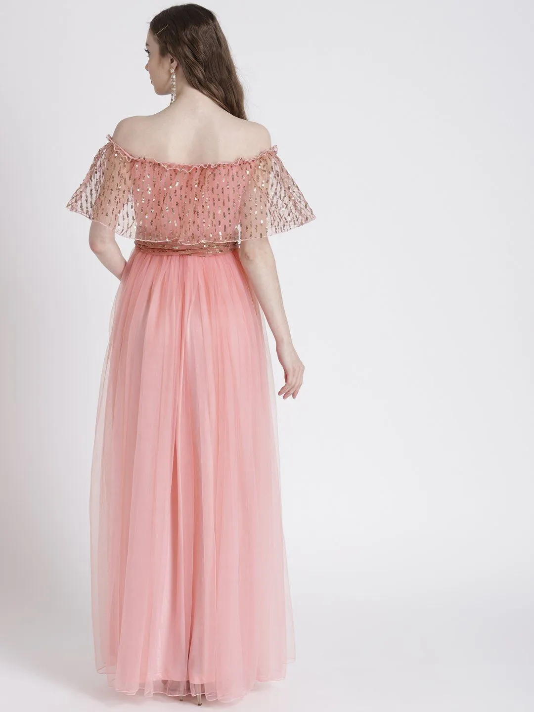 LIGHT PINK OFF-SHOULDER GOWN WITH SHIMMER DETAIL