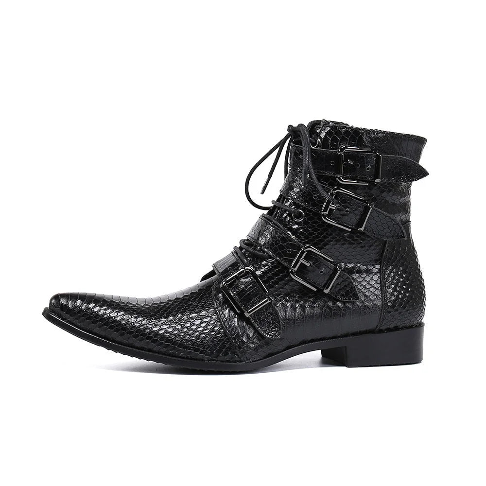 Men's Cowboy Genuine Leather Pointed Toe Buckle Zip Motorcycle Ankle Boots