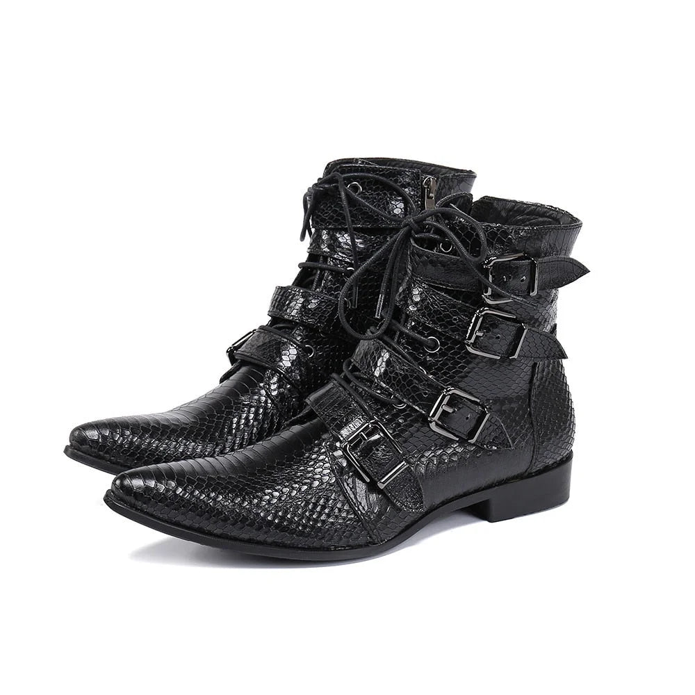 Men's Cowboy Genuine Leather Pointed Toe Buckle Zip Motorcycle Ankle Boots