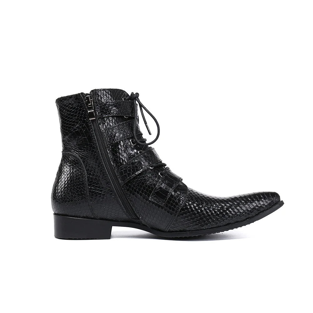 Men's Cowboy Genuine Leather Pointed Toe Buckle Zip Motorcycle Ankle Boots