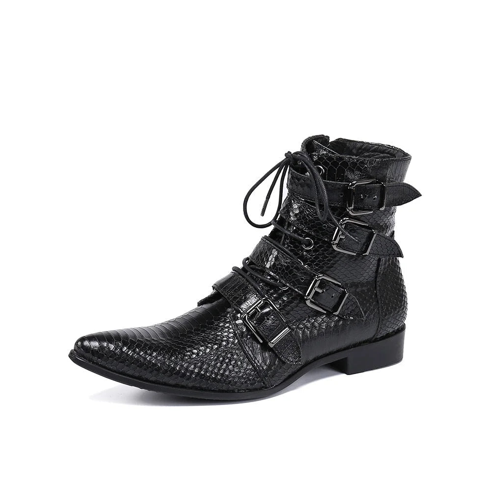 Men's Cowboy Genuine Leather Pointed Toe Buckle Zip Motorcycle Ankle Boots