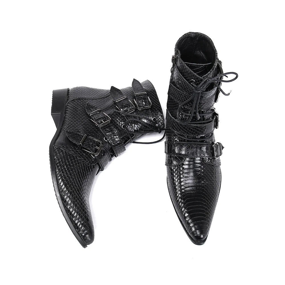 Men's Cowboy Genuine Leather Pointed Toe Buckle Zip Motorcycle Ankle Boots