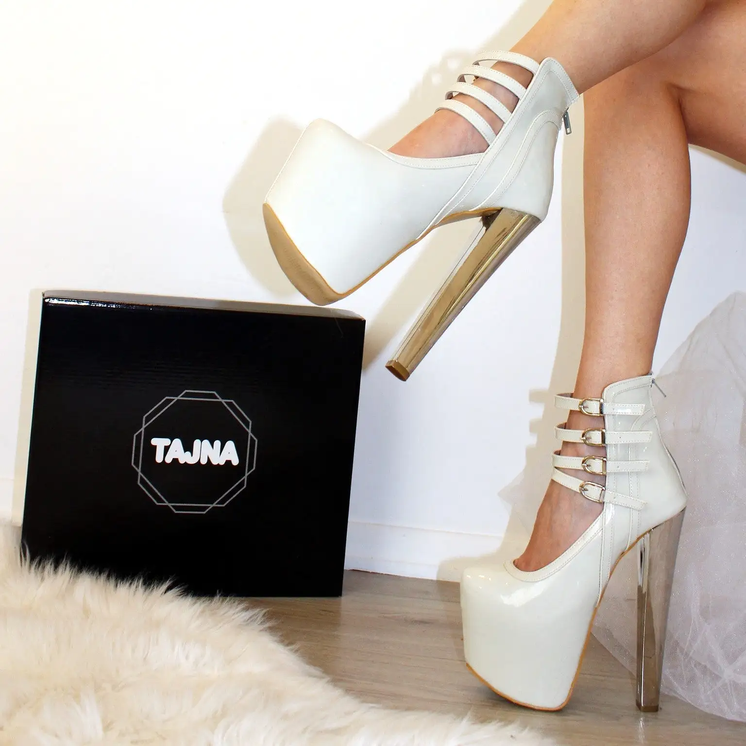 Nude Cream Patent Belted High Platform Heel Boots