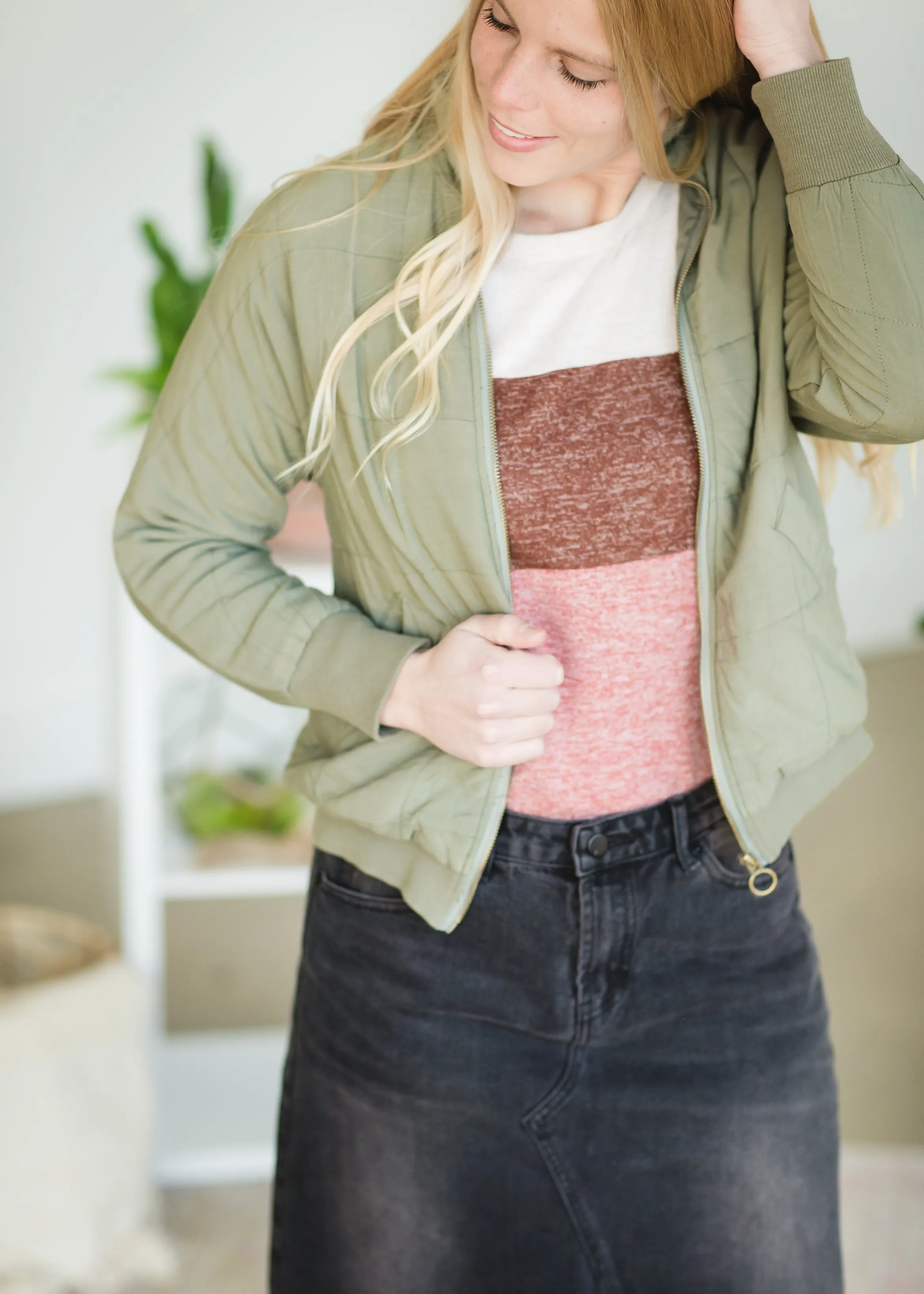 Olive Quilted Bomber Jacket