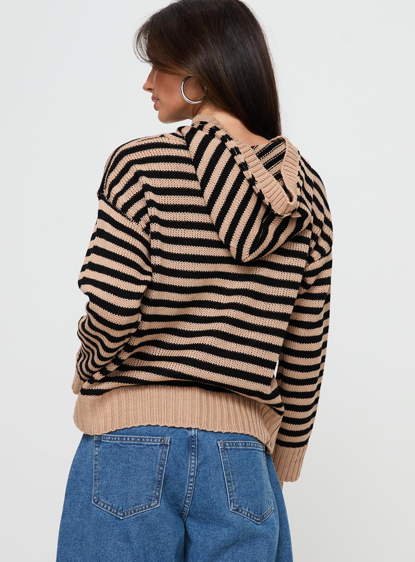 Omar Hooded Quarter Zip Jumper Black / Brown Stripe