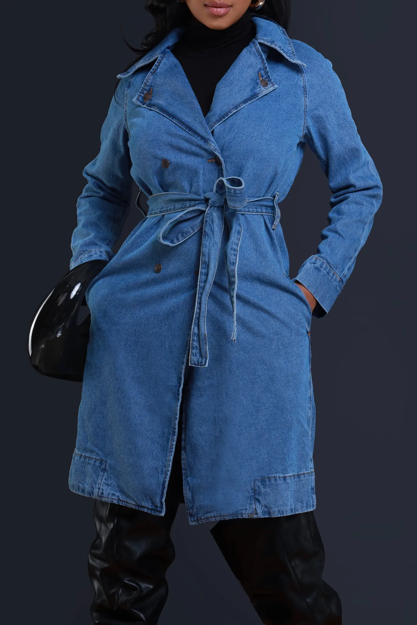 One Step Closer Belted Denim Trench Coat - Medium Wash