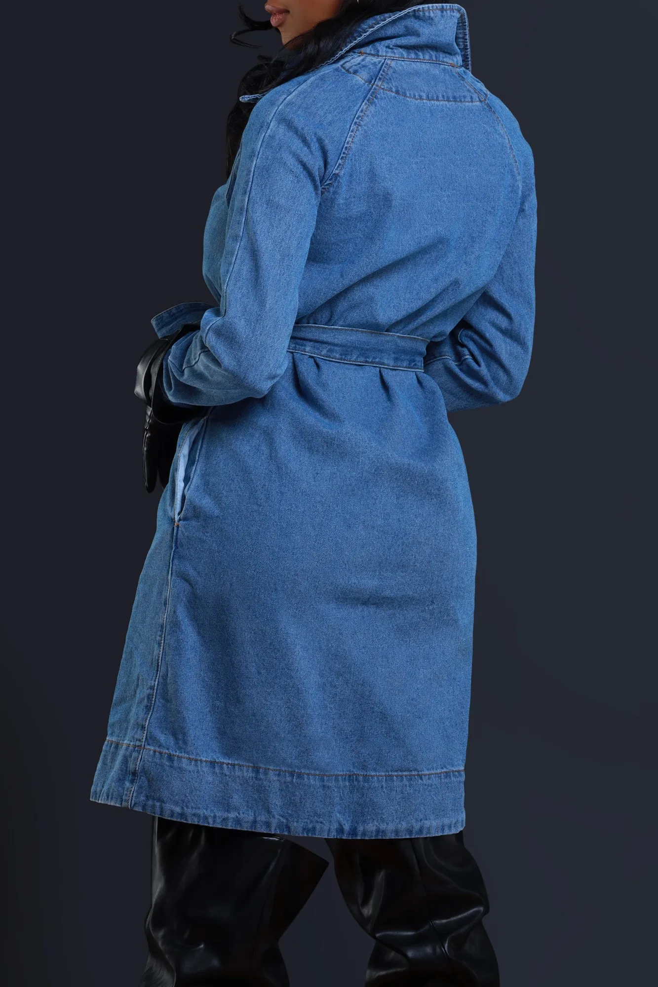 One Step Closer Belted Denim Trench Coat - Medium Wash