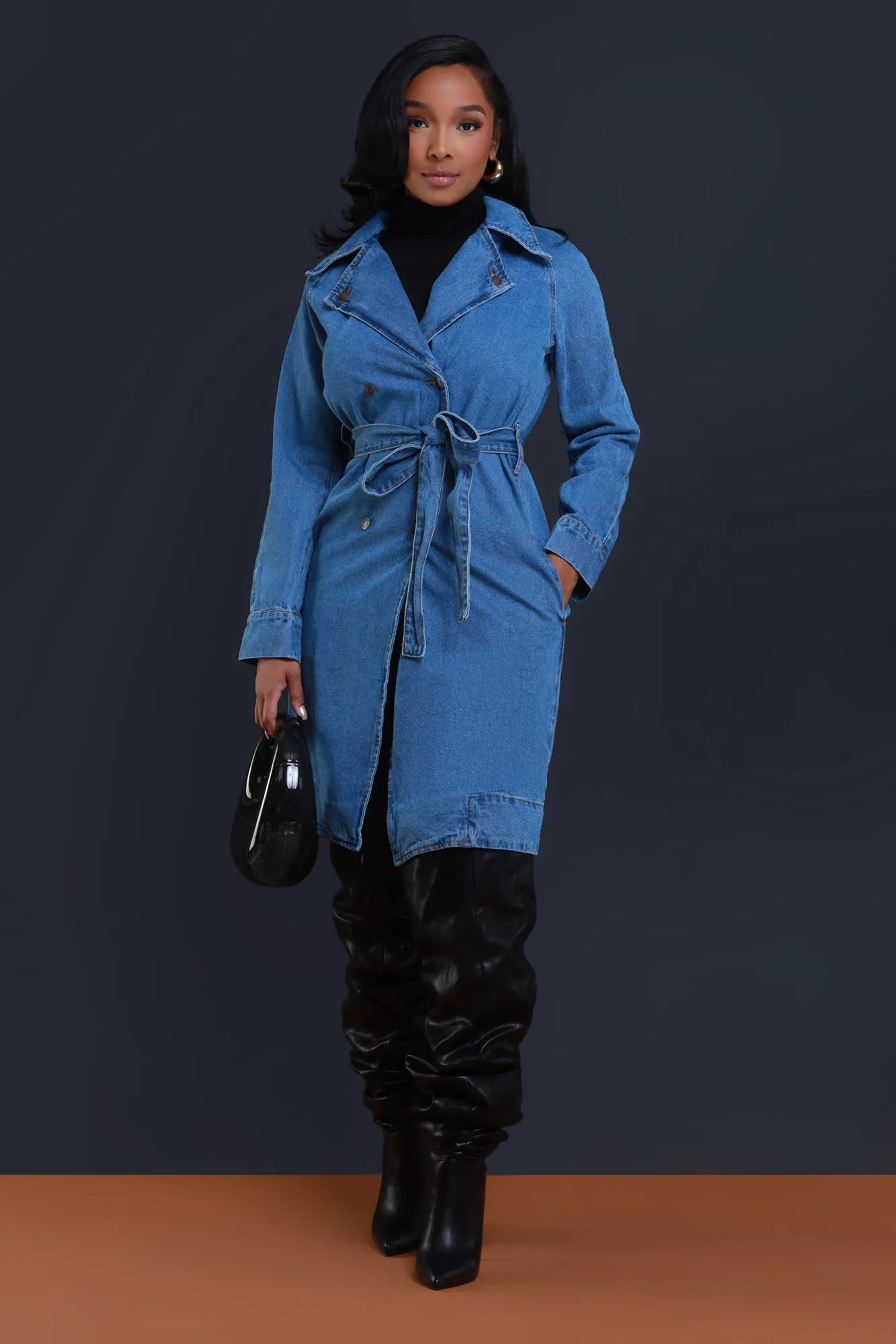 One Step Closer Belted Denim Trench Coat - Medium Wash