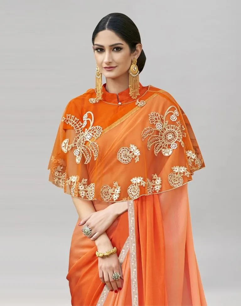 Orange Coloured Chiffon Plain Partywear saree