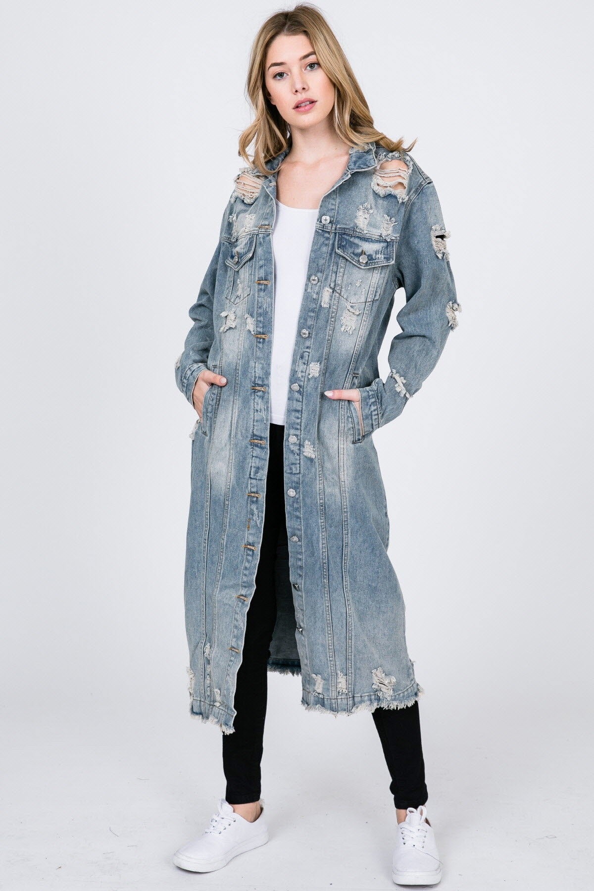 Out And About Maxi Distressed Denim Coat - PLUS