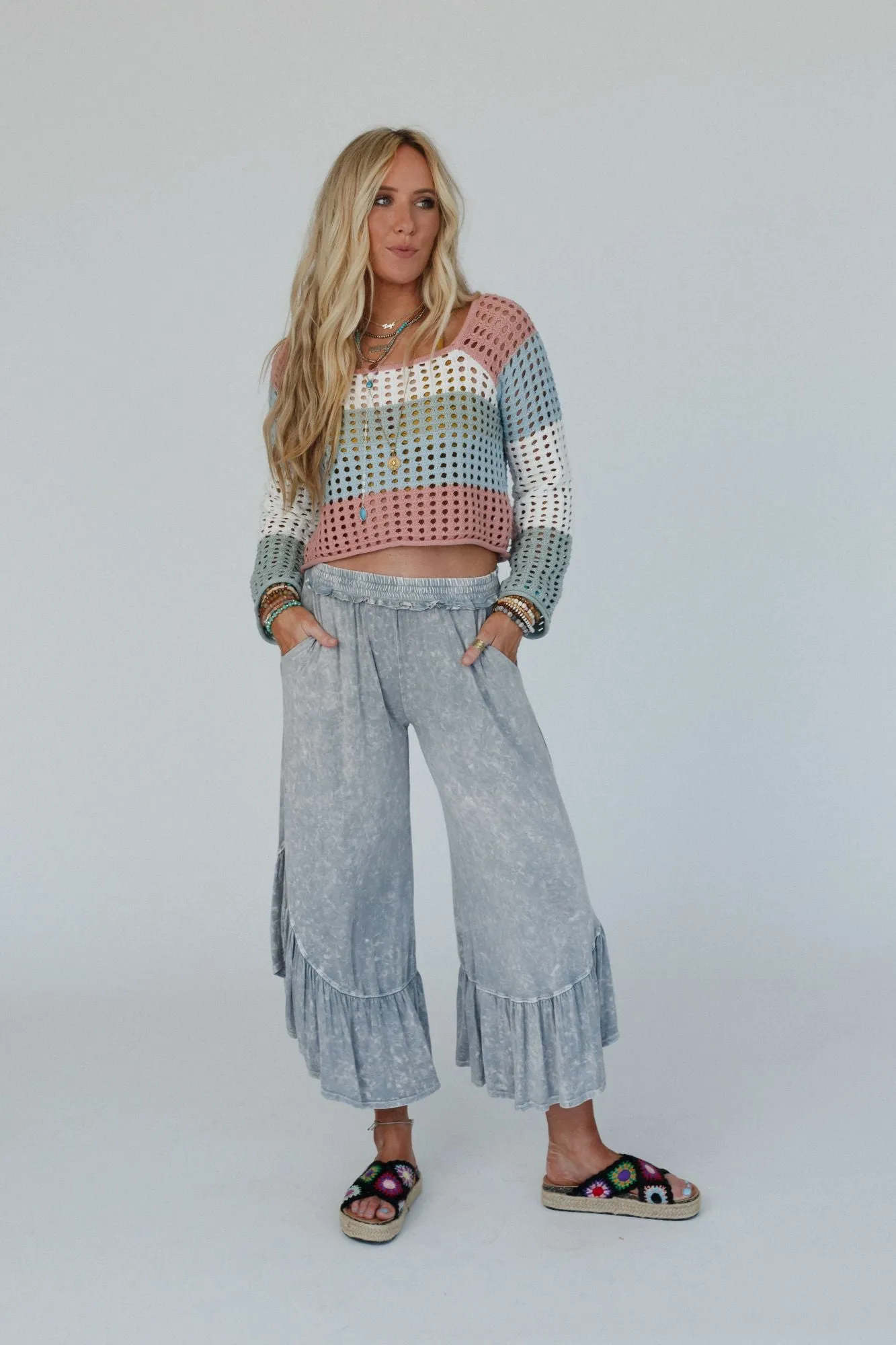 Pebble Shore Ruffle Pants - Blue Gray