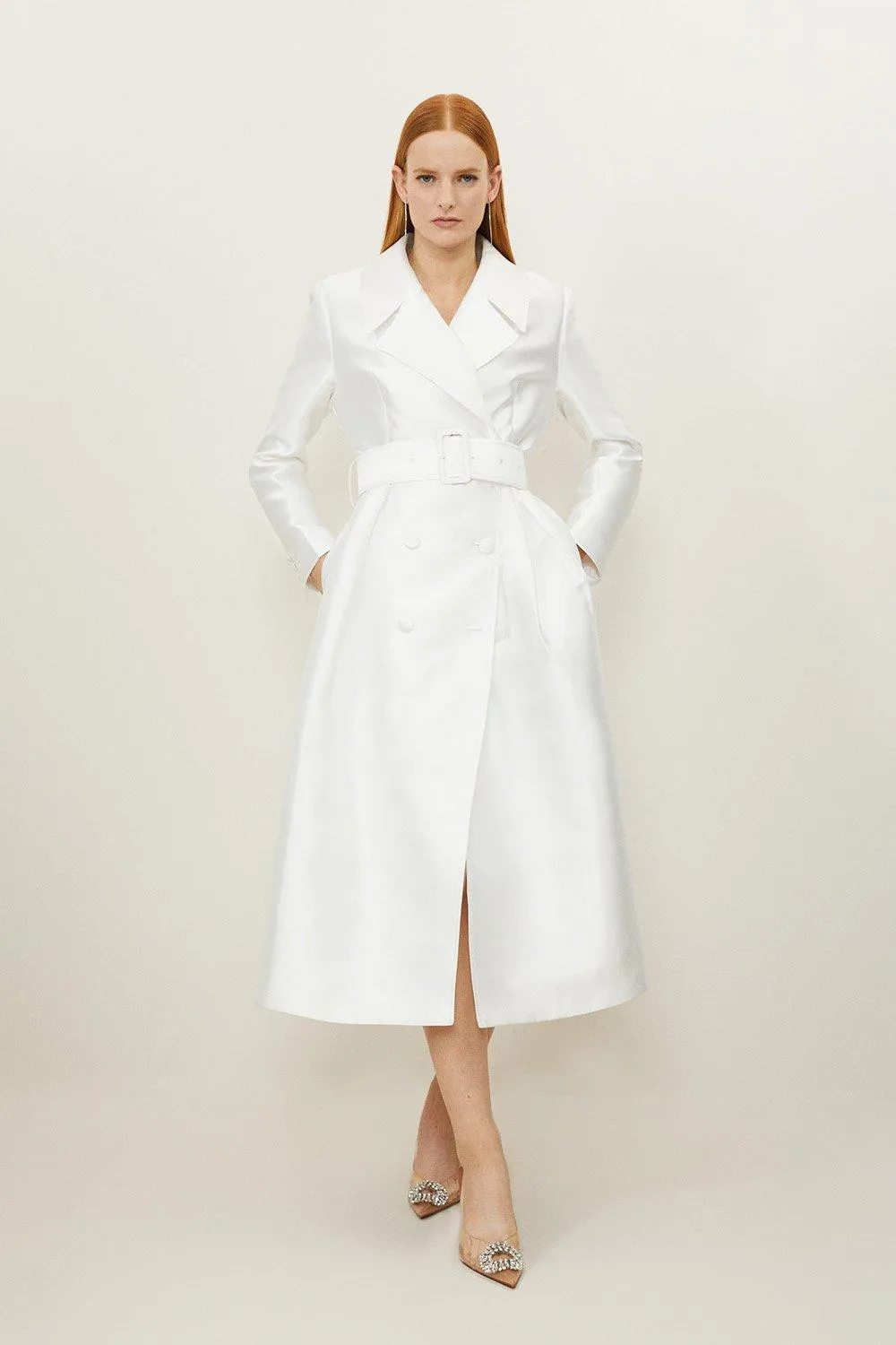 Petite Satin Twill Tailored Full Skirted Belted Midaxi Dress | Karen Millen