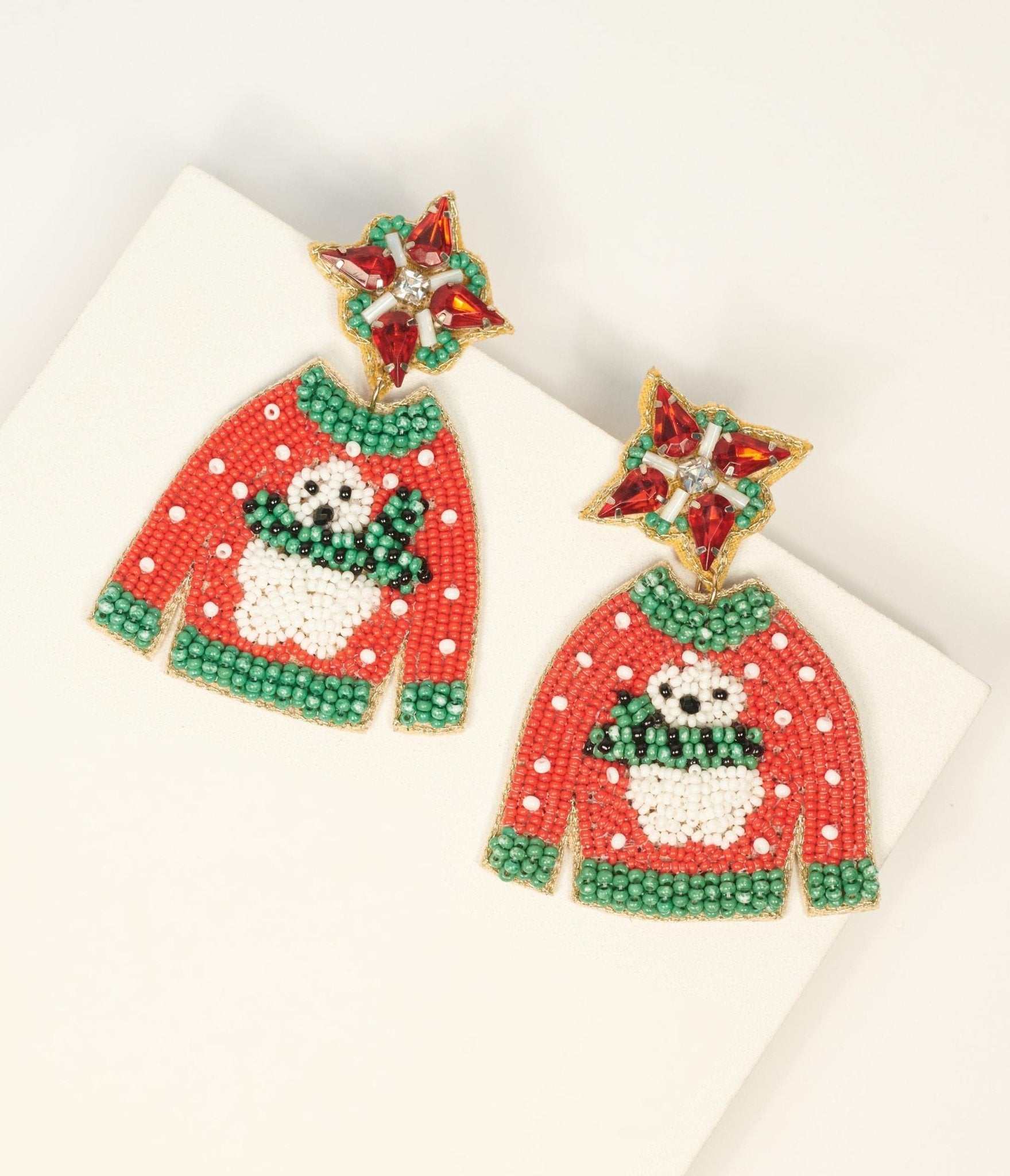 Red Beaded Holiday Sweater Drop Earrings