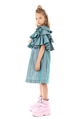 RUFFLE YOKE TURQUOISE DRESS