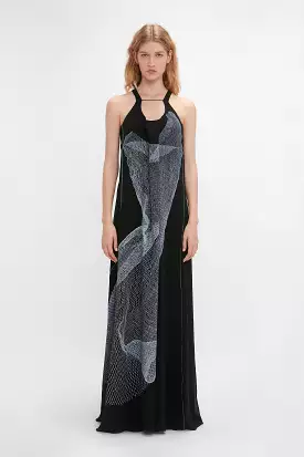 Sheer Cami Gown In Black-White Contorted Net