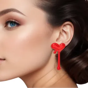 Small Dripping Heart Stud Earrings - Red