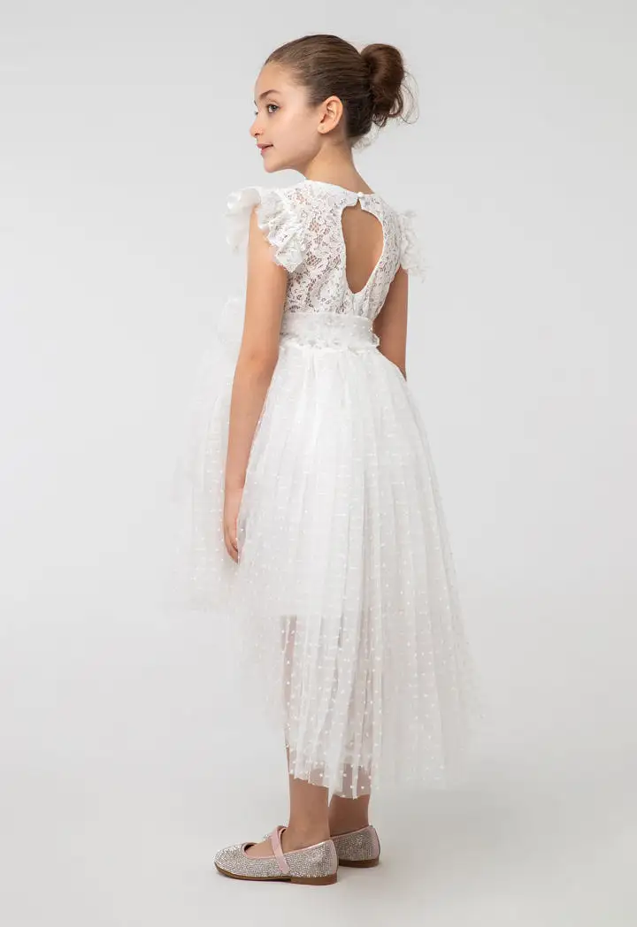 Solid High-Low Mesh Frayed Lace Fabric Dress