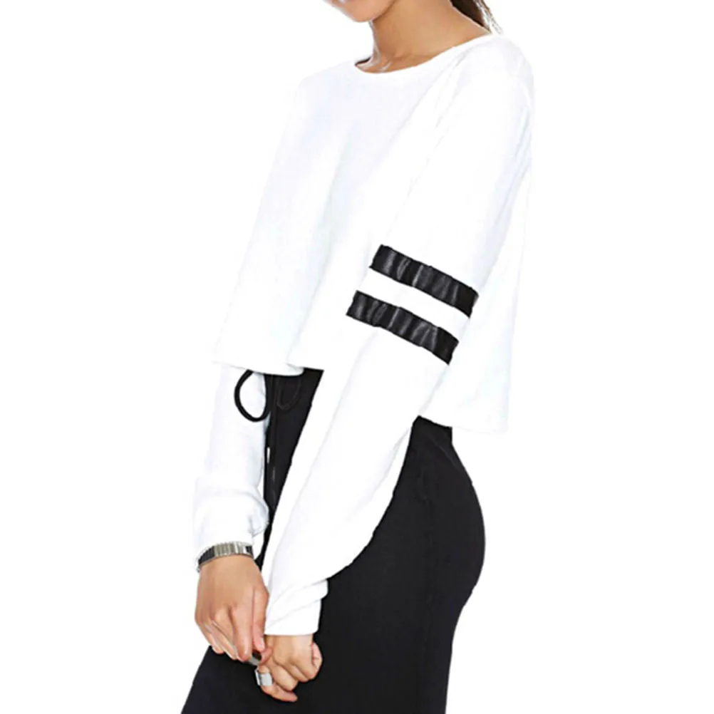 Street Casual Striped O-neck Short Design Long-sleeve Bare Midriff Sweatshirt Top Pullovers Jumper S M L SM6