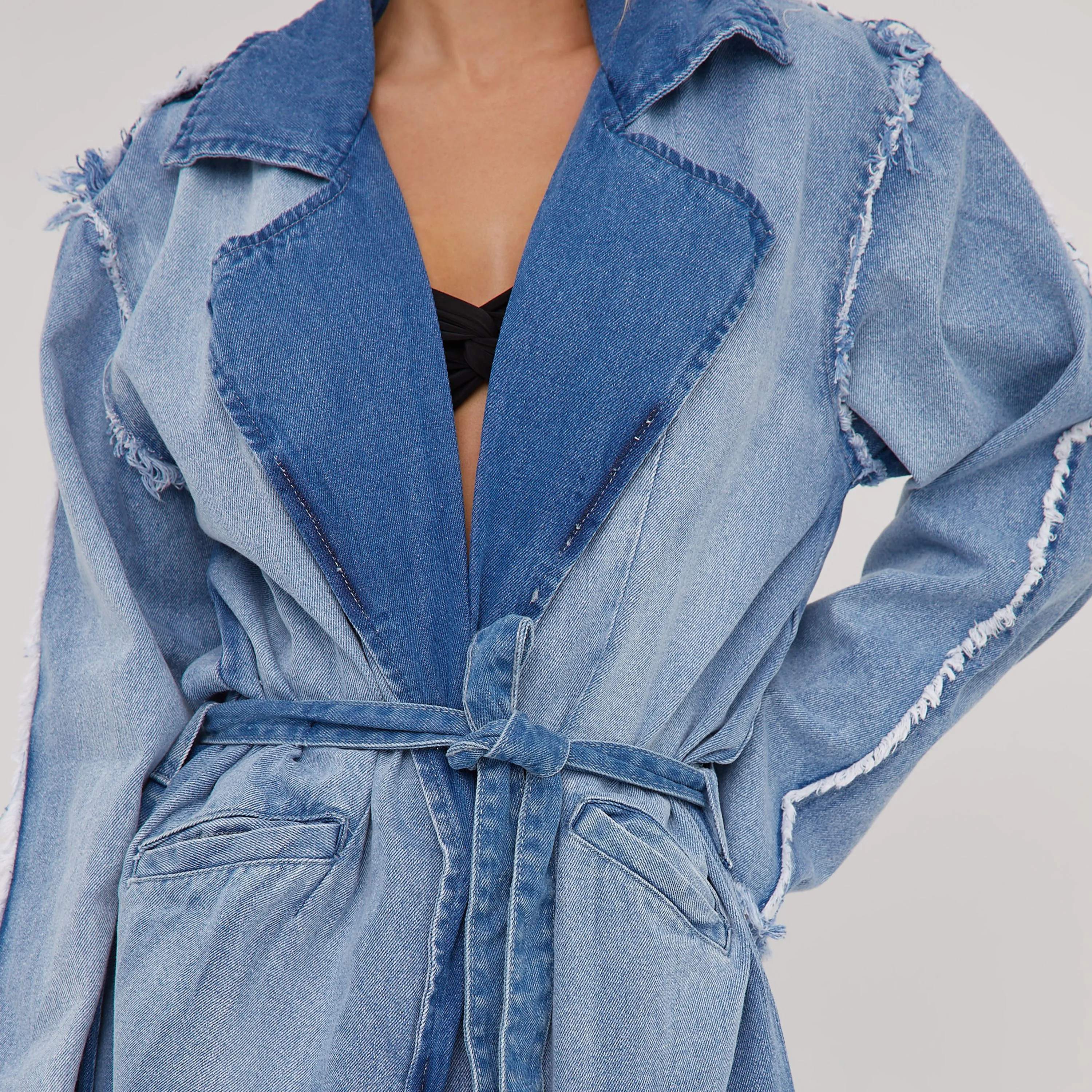 Tie Waist Distressed Detail Longline Trench Coat In Blue Denim