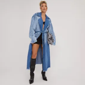 Tie Waist Distressed Detail Longline Trench Coat In Blue Denim