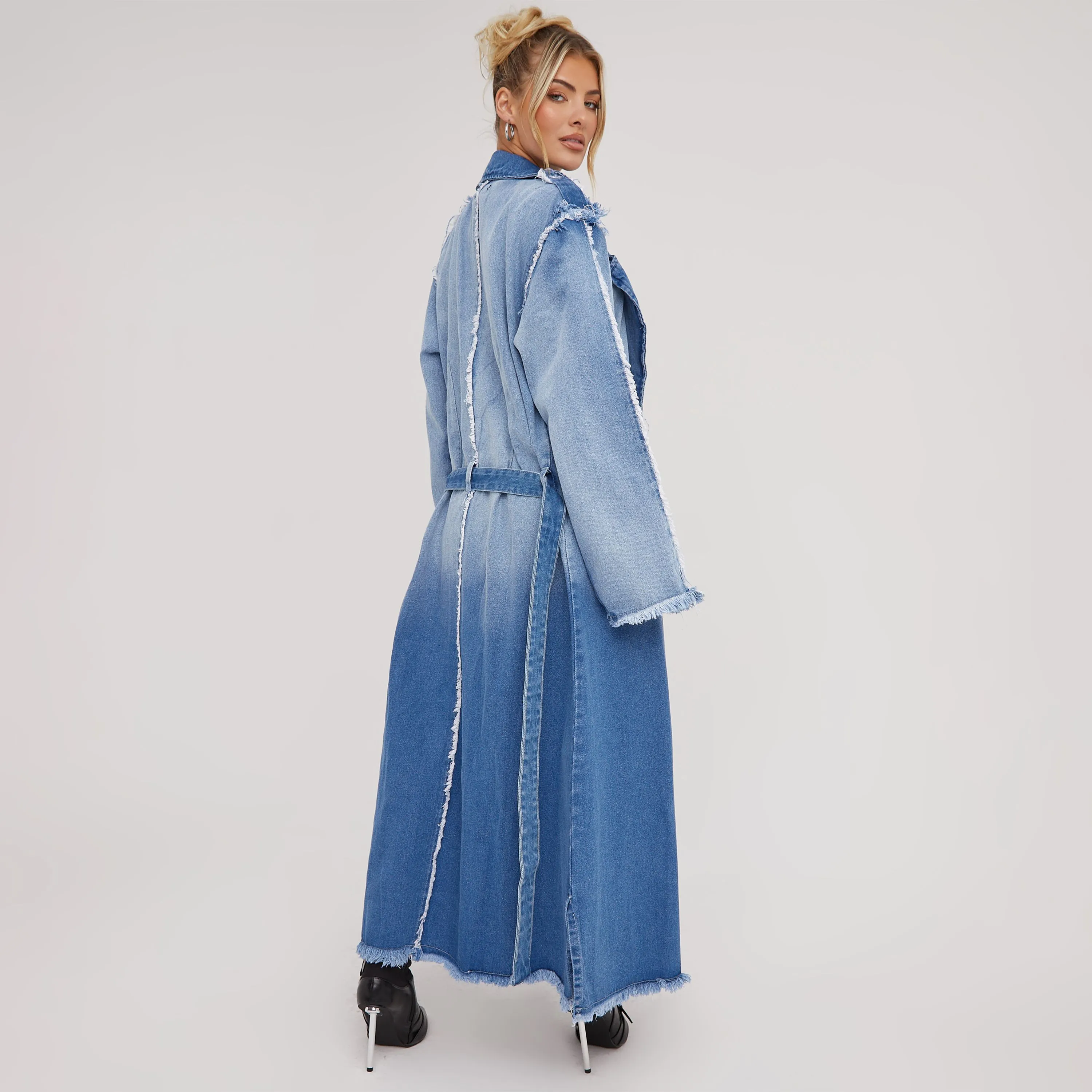 Tie Waist Distressed Detail Longline Trench Coat In Blue Denim