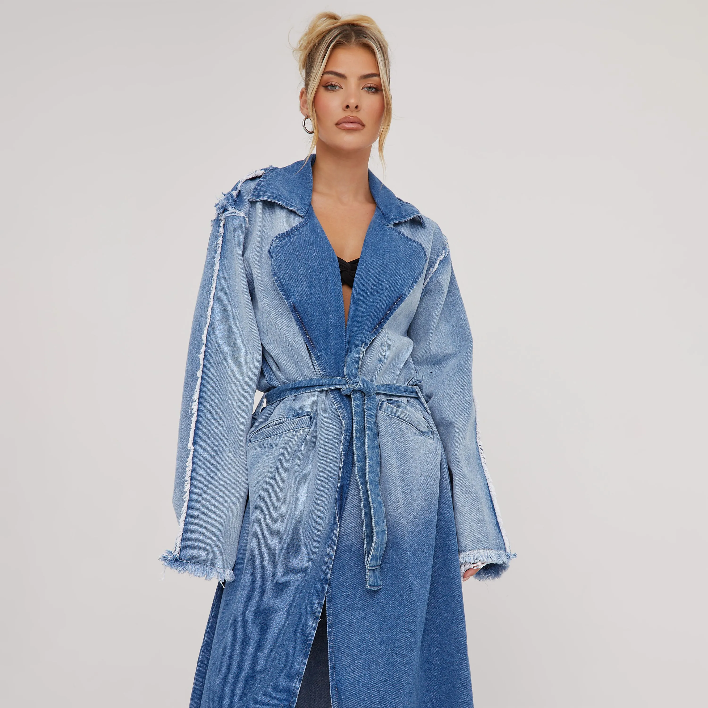 Tie Waist Distressed Detail Longline Trench Coat In Blue Denim