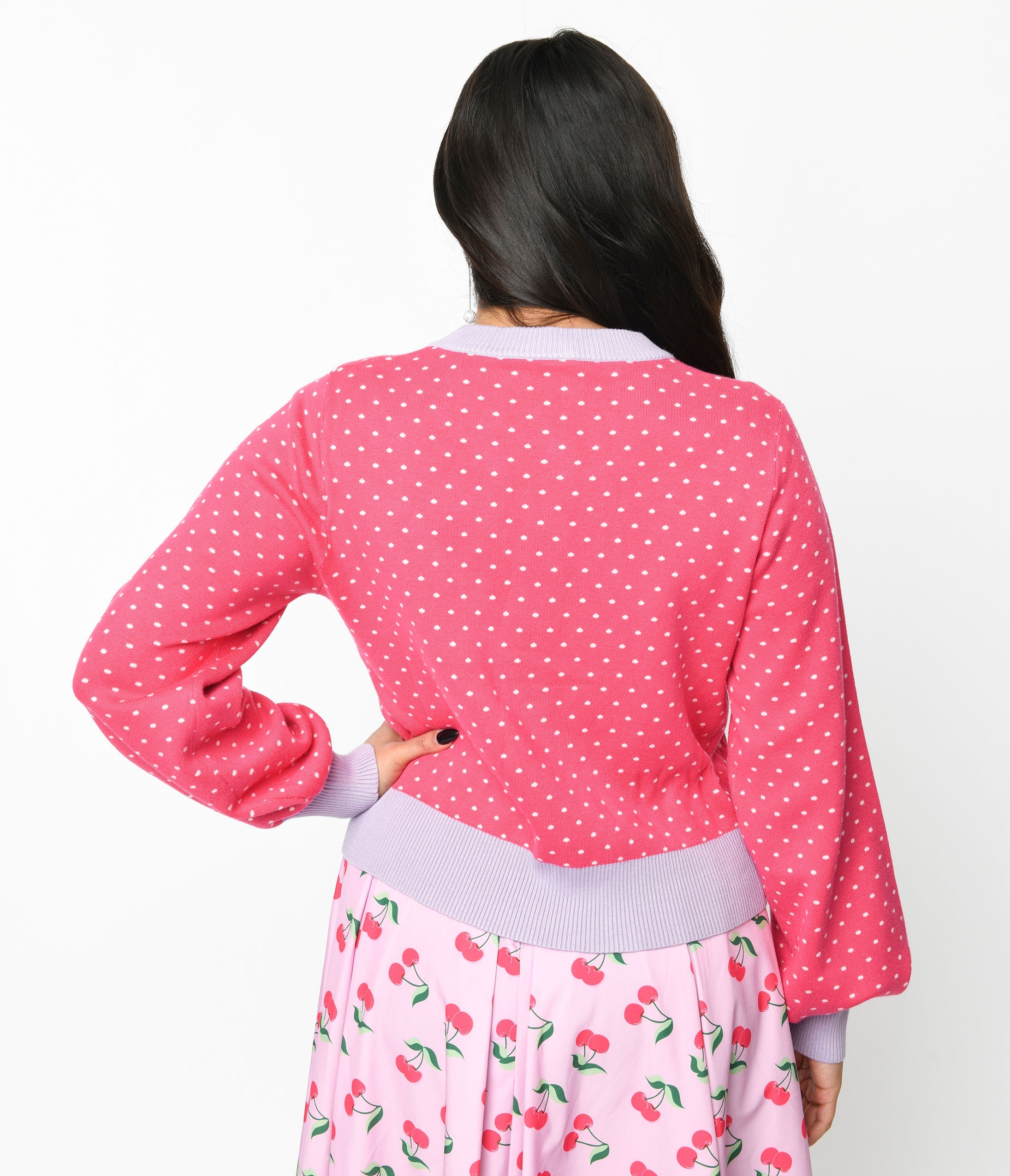 Unique Vintage Hot Pink & Lavender Pin Dot Cherry Cropped Cardigan