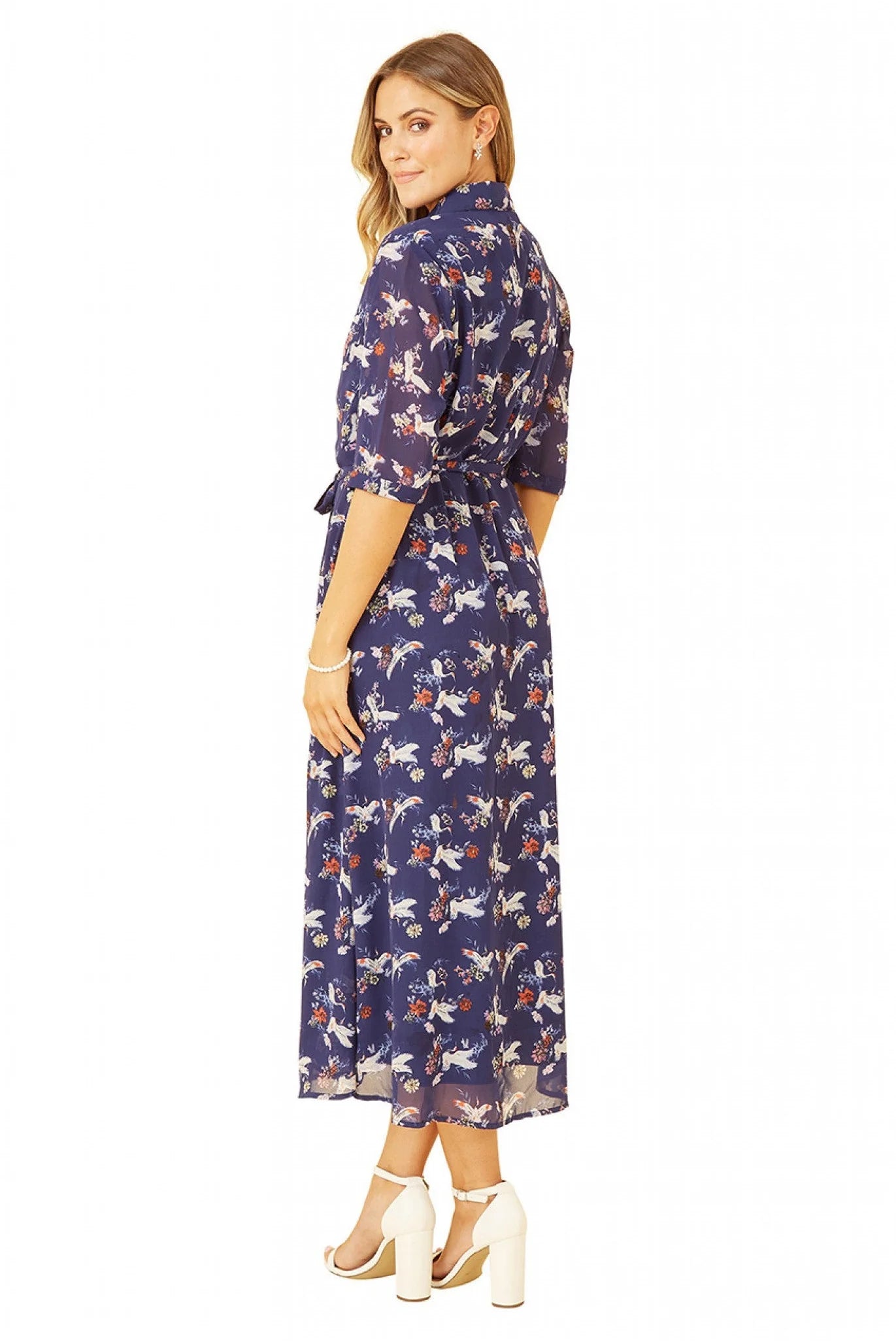 Yumi Navy Crane Print Midi Shirt Dress